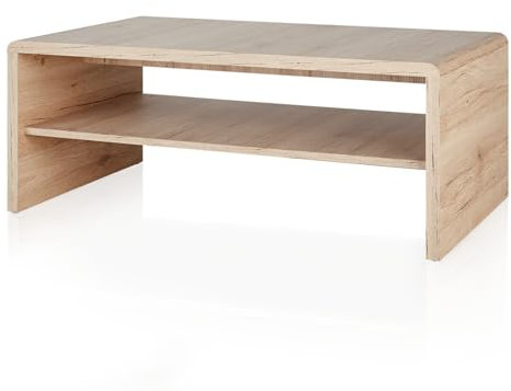 KHG Couchtisch Hell-Braun, abgerundete Tischplatte mit Wangen-Gestell inkl. Ablage-Fläche aus Holzwerkstoff foliert Eiche San Remo, Zeitloser Sofatisch fürs Wohnzimmer, 25 kg belastbar, 100x59x40 cm