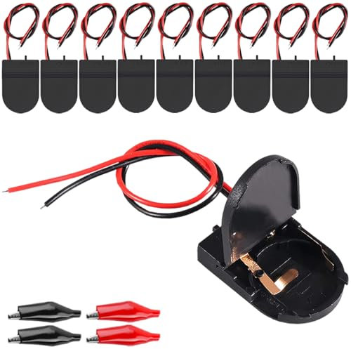 MKBKLLJY 10Pcs CR2032 1 X 3V Battery Holder Battery Storage Boxes Cover Black Button Battery Holder Coin Cell Battery Holder with Switch Wires On ON-Off Switch and Alligator Clips for Electronic DIY