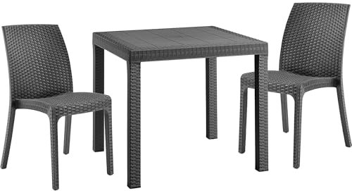 Sicignano Set Tisch Dallas 80 x 80 cm + Stühle, stapelbar, Polypropylen in Rattan-Optik, Verwendung im Innen- und Außenbereich, Gartenmöbel für Bars, Restaurants, Bistrot (Anthrazit, 2 Stühle und 1