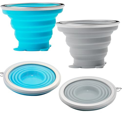 Kasoud Silicone Foldable Cup, 2PCS Silicone Folding Mug, Colapsible Cups for Traveling, Collapsible Coffee Cup, Collapsible Cup with Lid for Picnic, Camping, Outdoor Hiking Travel (Blue and Grey)