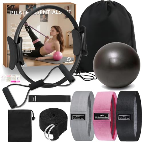 Nuplot Pilates Equipment, Pilates Kit for Home Workouts, Pilates Essentials Kit for Women, Home Pilates Kit with Pilates Ring and Ball Set, Booty Bands, Figure 8 Resistance Band, Yoga Band (Black)