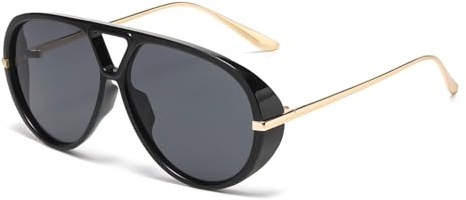 LJCZKA Übergroße Pilot Sonnenbrille für Damen Herren 70er Retro Piloten Sonnenbrille Doppel Brücke Metall Rahmen Runde Groß Brille Mode mit UV Schutz (Schwarz Grau)