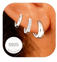 AVOTTO 3 Pairs Sterling Silver Hoops Earrings for Women Hypoallergenic 14K Gold Hoop Earrings Small Silver Huggie Hoop Earring Set for Multiple Piercings Jewellry Gifts