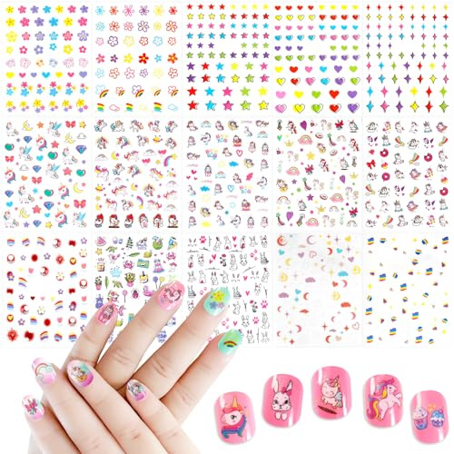 Allstarry Nagelsticker für Kinder, 15 Blatt Nagelaufkleber für Mädchen | selbstklebend, süße Tiere, Regenbogen, Blumen, Herzen, Sterne, Einhörner, Geschenk für Geburtstag & Weihnachten