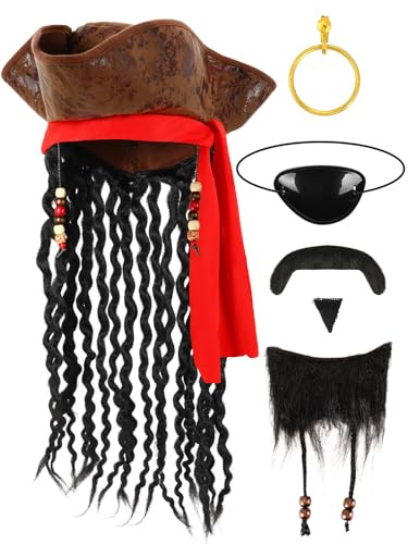 BOARDFEB 4 Pcs Halloween Piratenkostüm Set,Piratenhut, Augenklappe, Ohrring, Schnurrbart, Karibischer Freibeuter, Dreispitz, Kostümzubehör für Männer und Frauen