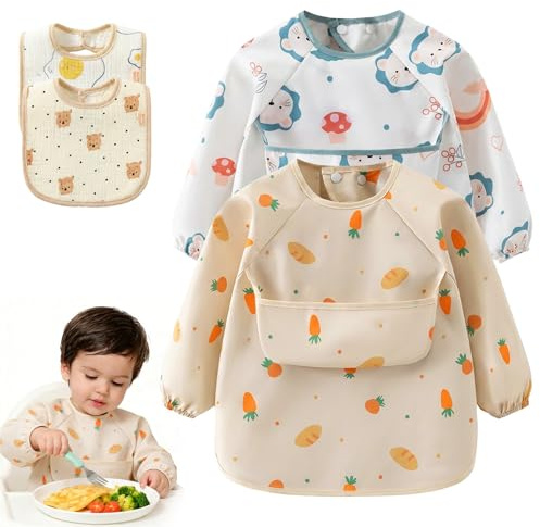 Qibivfo 4er Baby-Lätzchen Set, 2 Lätzchen mit Ärmeln & 2 verstellbare Halstücher, wasserdicht, schnelltrocknend, maschinenwaschbar, für Jungen & Mädchen 6–24 Monate, Essen, Spielen & Malen