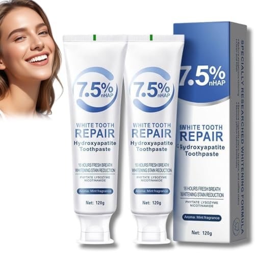 Hydroxylapatit Zahnpasta, ohne Fluorid für Zahnaufhellung & Zahnschmelzreparatur – Sanfte Zahnpolierpaste gegen Empfindlichkeit für weisse Zähne, Frischer Atem, Hydroxyapatite Toothpaste, 2er Pack