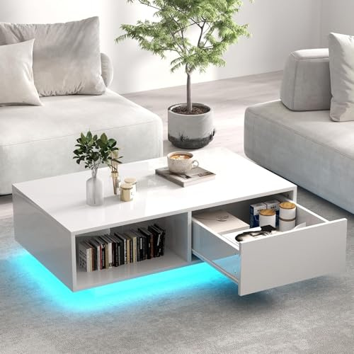 LIFEZEAL Couchtisch LED, Wohnzimmertisch mit Schublade und Fächer, Sofatisch mit Fernbedienung & USB-Stecker, Rechteckiger Aufbewahrungstisch Kaffeetisch für Wohnzimmer, Büro (Weiß)