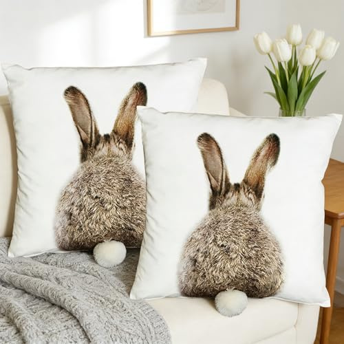 Shengruili 2 Stück Kissenbezüge Osterhase,Ostern Deko Hase Kissenhülle 50x50cm,Osterhase Samt Kissenbezüge mit Schwanz,Kissen KissenhülleOstern Dekoration,Osterdeko Kissenbezug