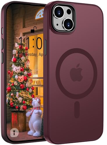Andwing Matt Hülle für iPhone 13/14 Dunkel Rot. | [Kompatibel mit MagSafe], Militärstandard FallSchutz Handyhülle,Mattierte Durchscheinende Rückseite Schutzhülle