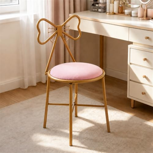 SanBouSi Sgabello da trucco in velluto rosa, con schienale a fiocco, seduta morbida e gambe in metallo, sgabello decorativo in velluto per tavolo da toeletta, camera da letto e spogliatoio