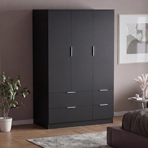 Vida Designs Trega 3 Door 4 Drawer Wardrobe | Black | Modern Bedroom Furniture | 170H x 108W x 54D cm | With Storage Shelf & Hanging Rail | Large Capacity Storage