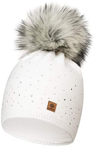 CLEOSTYLE Damenmütze Wintermütze Bommelmütze Strick Kunstfellbommel 556 (Weiß)