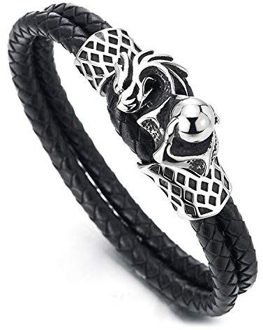 COOLSTEELANDBEYOND Punk Edelstahl Drachen Ball und Zweireihige Schwarz Geflochtenem Leder Armband, Herren Wickeln Schweißband