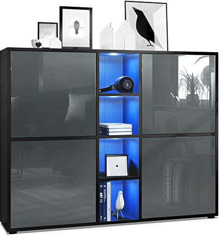 Vladon Highboard Cuba V3, Made in Germany, Schwarz matt/Grau Hochglanz inkl. LED - Moderne Anrichte mit 12 Fächern (130,5 x 105,5 x 35,5 cm)