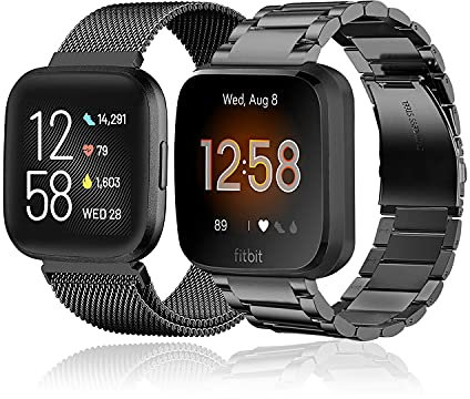 baklon 2 Stück Ersatzarmband Kompatibel mit Fitbit Versa Armband/Fitbit Versa 2 Armband, Edelstahl Metall Ersatz Armband Kompatibel mit Fitbit Versa 2/Versa/Versa Lite, Schwarz