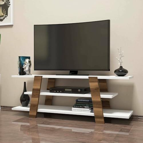 Dmora - Meuble TV Mir, Buffet de Salon, Armoire Basse pour TV, Base Murale équipée, 120x34h42 cm, Noyer et Blanc