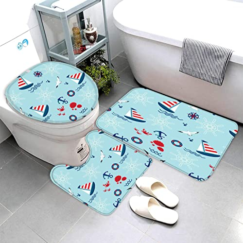 AOLIGL Badematte Segelboote,Anker,Marine Muster Badematten Set rutschfest Waschbar Badgarnitur 3teilig - WC Deckelbezug U-förmigen Contour Badezimmerteppich Matte Flauschige Mikrofaser