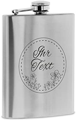stempel-fabrik – personalisierbarer Flachmann aus Edelstahl mit Name – Motiv Papierdekor – Taschenflasche mit Wunschgravur – Gravierter Flachmann für Ausflüge, Wanderer und Skifahrer