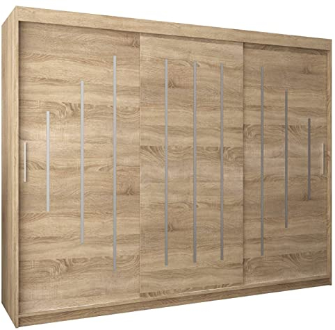 Kryspol Schwebetürenschrank York 250 cm Kleiderschrank mit Kleiderstange und Einlegeboden Schlafzimmer- Wohnzimmerschrank Schiebetüren Modern Design (Sonoma)