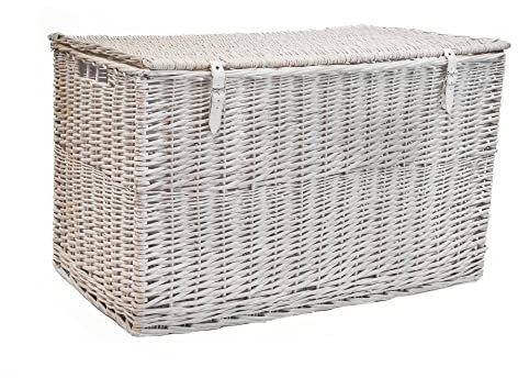 Arthur Cameron - Lightweight Wicker Storage Trunk, Storage Box with Lid & Leather Straps - Woven Chest, Basket, Large Wicker Basket with Lid (White Wash, Extra Large)