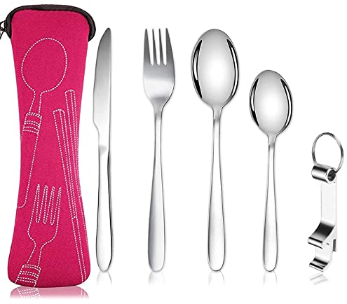 XOPOZON® Lot de 5 Couverts de Camping, Ensemble de Couverts Transportables, Couverts en Acier Inoxydable avec Sac en Néoprène Idéal pour les Voyages le Bureau et le Camping (Rose)