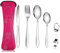 XOPOZON® Lot de 5 Couverts de Camping, Ensemble de Couverts Transportables, Couverts en Acier Inoxydable avec Sac en Néoprène Idéal pour les Voyages le Bureau et le Camping (Rose)