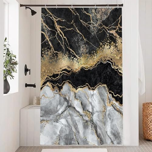 Uiiooazy Rideau Douche Anti Moisissure, Rideau de Douche 120x200cm Gris Effet Marbre Noir Jaune Abstrait Rideaux de Baignoire Tissu Lavable Imperméable Polyester Rideaux Salle de Bain avec 8 Crochets