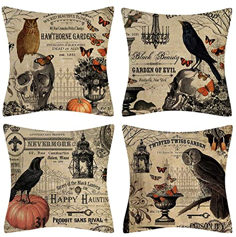 OCEUMACO Leinen Kissenbezug 50x50 Herbst Halloween Totenkopf Kissenhülle 4er Set Sofakissen Dekokissen Bezug für Couch Sofa Eule Kürbis Kissen Kissenbezüge Outdoor Deko Zierkissen Couchkissen