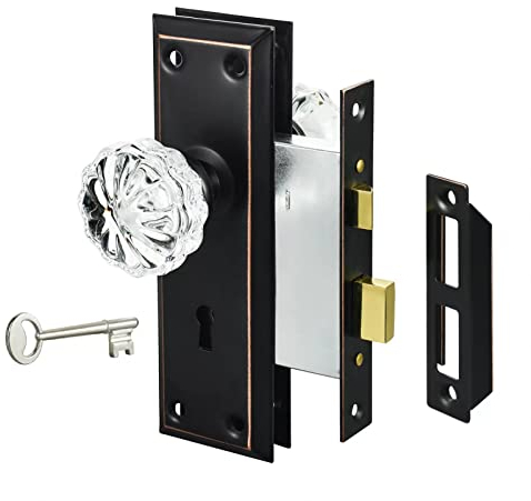 newliplace Mortise Lock Set for Interior Door, Antique Door Knobs with Lock and Key, Crystal Glass Door Knobs, Oil Rubbed Bronze Finish