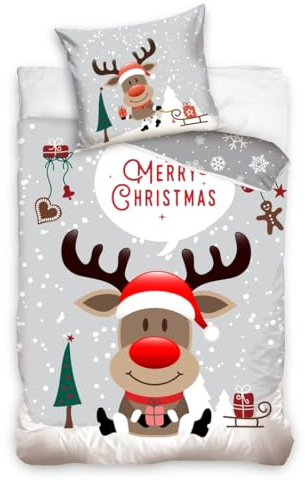 MTOnlinehandel Bettwäsche-Set 135x200 · Weihnachten Rentier · Merry Christmas Familien Winter-Bettwäsche 135x200 + 80x80 cm · 100% Baumwolle · Kinder, Teenager, Erwachsene