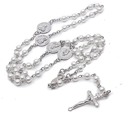 NICEYEA Katholischer Rosenkranz Weiß Perlen Halskette mit Kreuz Kommunion Rosenkranz Religiöser Schmuck Heiliger Boden Halskette Charme Geschenk für Damen und Herren