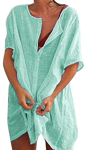 Sfit Damen Strandkleid Bikini Cover Up mit Rund Ausschnitt Knopfleiste Kurzarm Beach Strandponcho Pareos Sommerkleid Locker Bademode Strandtunika Vertuschen Shirt für Urlaub(Hellgrün,EU XL/Tag 3XL)