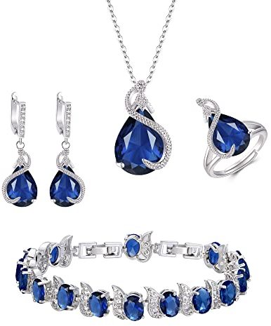 EVER FAITH 4 Stück Tropfen Cubic Zirconia Schmuck Set Glamour Anhänger Halskette Ohrringe Tennis Armband und Offener Ring für Damen Hochzeit Party Saphirblau Silber-Ton