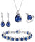 EVER FAITH 4 Stück Tropfen Cubic Zirconia Schmuck Set Glamour Anhänger Halskette Ohrringe Tennis Armband und Offener Ring für Damen Hochzeit Party Saphirblau Silber-Ton