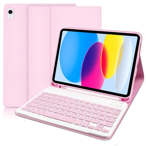 YUEJIDZ Case with Keyboard for iPad A16 11th Generation 11 2025/10th Generation 10.9 2022,Leather Cover with Detachable Magnetically Bluetooth Keyboard(UK Layout,QWERTY) for iPad 10th/11th Gen,Pink