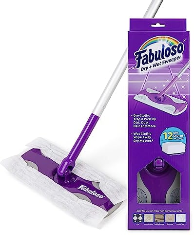 Fabuloso Dry and Wet Sweeper with Bonus 12 Dry Cleaning Pads| Clean Your Floors with Ease | 2-in-1 Sweeping and Light Mopping, Lightweight, Swivel Low-Profile Dust Mop,Purple