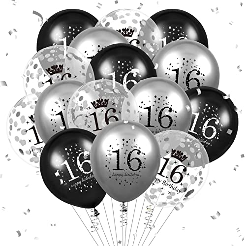 Luftballon 16. Geburtstag Deko 15 Stück Schwarz Silber Ballons-16 Jahre Geburtstagsdeko Birthday Deko Latex Konfetti Ballon für Kinder Jungen Mädchen 16. Jubiläum Geburtstag Party Dekoration 12Zoll