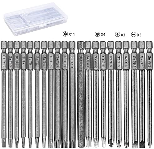 Treki 21pcs Embouts de Tournevis Magnetique 100mm Embout de Vissage Tige Hexagonale 1/4 Torx T6-T40 H3-H6 Hexagonal 3mm-6mm Phillips Croix PH2 SL4-SL6 Plats 4mm-6mm Tournevis Long Acier S2