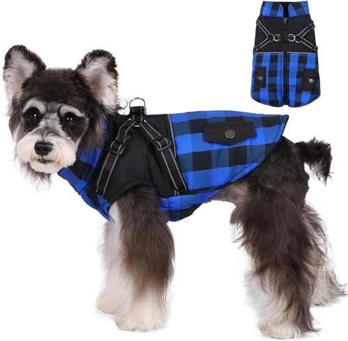 Savlot Hundemantel Warme Hundejacke Wintermantel Hunde Fleece Weste Reflektierende Hund Kaltes Wettermäntel mit Geschirr Wasserfest Hundelemantische Schnee Jacke mit Reißverschluss(XL, Blau)