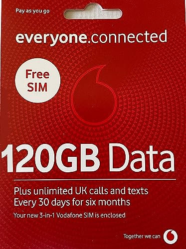 120GB Data Preloaded Vodafone Sim Card with Unlimited Calls and Texts for 6 Months, use in uk only