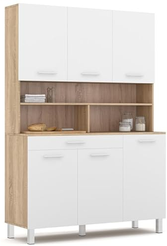 IDMarket - Küchenanrichte, 120 cm, CINA, 6 Türen + Schublade, Buche-Optik und Weiß