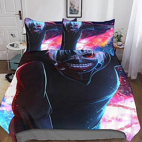 CasCam Tokyo Ghoul Jungen Und Mädchen Kaneki Ken Bettwäsche-Set 3-teiliges Set Aus Teenager-Bettwäsche-Microfiber, 3D-Druck Bettwäsche Mit Kissenbezug King(220x240cm)