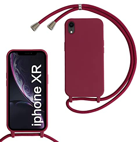 Beajew Funda para iPhone XR con Cuerda, Silicona Líquida Carcasa con Cordón Correa Colgante Ajustable Collar Correa Teléfono Case Cover, Rojo