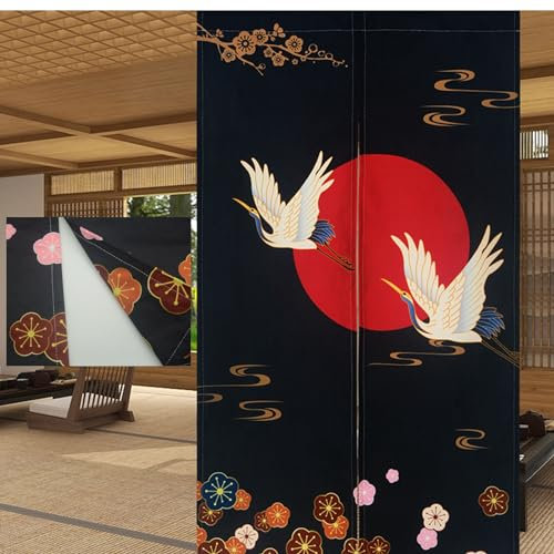 LIGICKY Japanischer Stil Dick Noren Lang Doppelseitig Druck Vorhang Türvorhang Raumteiler Tapisserie für die Heimtextilien 85 x 180 cm, Schwarz, Weißer Kranich, Rote Sonne und Blumen