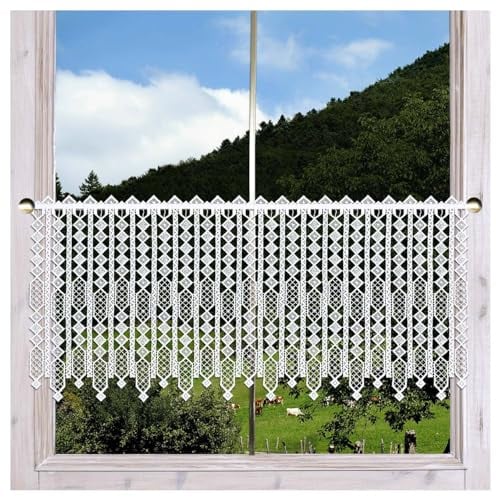 Moderne Scheibengardine Mileya aus Echter Plauener Spitze Scheibenhänger mit Rauten-Muster in weiß 39 x 68 cm