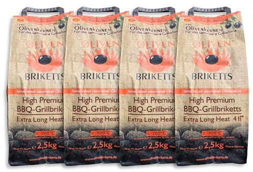 10kg Oliven High Premium BBQ-Grillbriketts „Made in Germany“ bis zu 4h Glut und bis zu 700°C für Kugel-& Holzkohlegrill Grill ideal für Dutch Oven Smoker Holzkohle Briketts Grill Kohle (10kg)