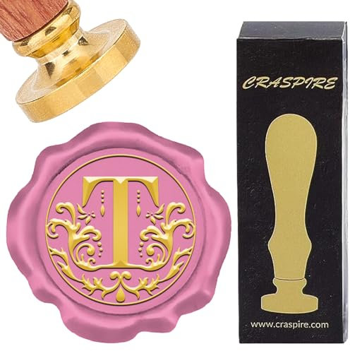 CRASPIRE Retro-Alphabet-Wachssiegelstempel, Initialen, Vintage, 26, Buchstaben, AZ, 25 mm, Abnehmbarer Messingkopf, Holzgriff Für Umschläge, Einladungen, Geschenkverpackungen, Dekoration (Buchstabe T)