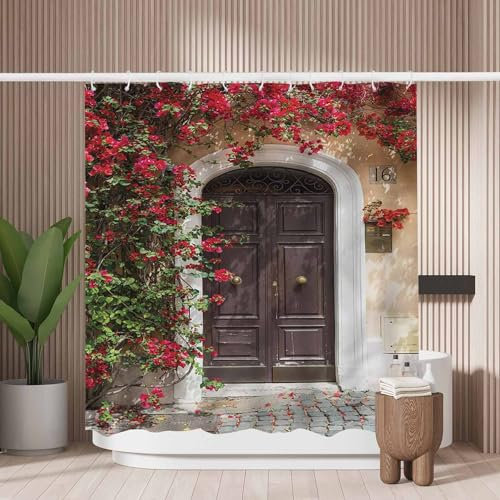 Woutay Shower Curtain Water Repellant Fabric Vintage Wooden Door Flowers,Mould Proof Resistant,Polyester,with 12 Plastic Hooks