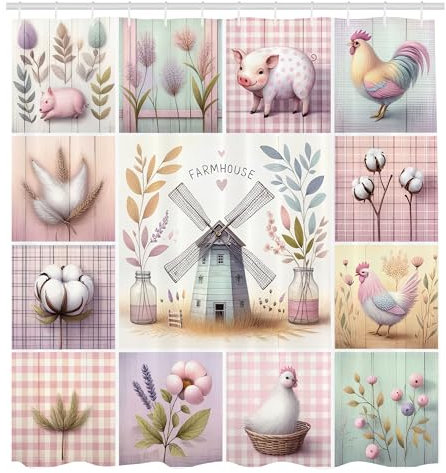 ABAKUHAUS Bauernhaus Duschvorhang, Bunte Pastell Cottagecore Musterblumen Schwein Hahn Huhn, Stoffliches Gewebe Badezimmerdekorationsset mit Haken, 175 x 200 cm, Flieder Rose Minzgrün